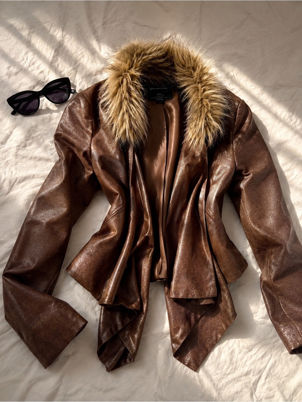 Chocolate Suede Draped Asymmetrical Jacket  Fur Collar Women's Size S